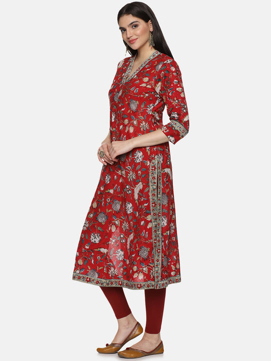 RED A LINE BLOCK PRINT KURTA