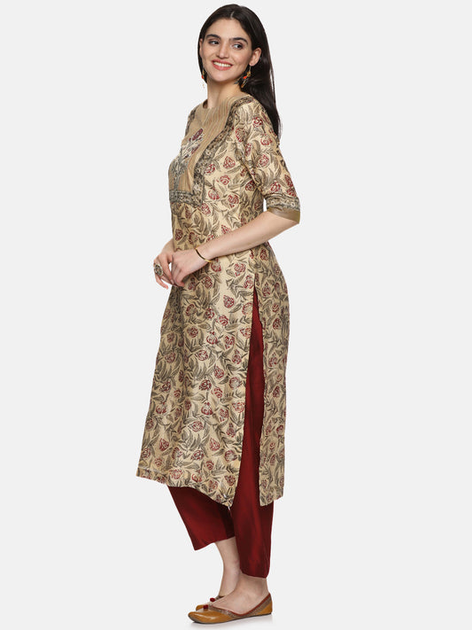 BEIGE FLORAL BLOCK PRINT KURTA SET IN CHANDERI