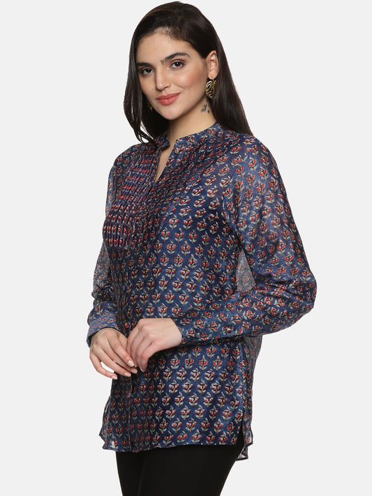 BLUE FORMAL BLOCK PRINT SHIRT IN CHANDERI