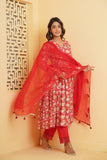 RED FLORAL BLOCK PRINT GATHER ANARKALI KURTA SET