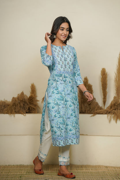 BLUE HAND BLOCK PRINTED STRAIGHT KURTA