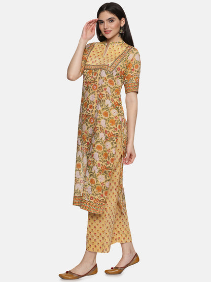 MUSTARD YELLOW BLOCK PRINT KURTA PLAZZO SET