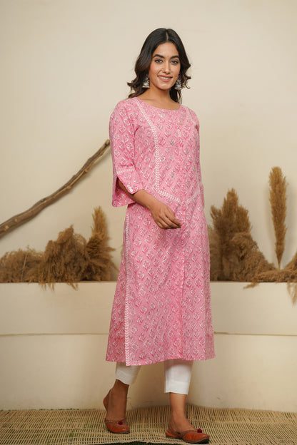 PINK HAND BLOCK PRINTED STRAIGHT KURTA