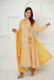 YELLOW HANDBLOCK PRINTED FLORAL ANGRAKHA KURTA SET