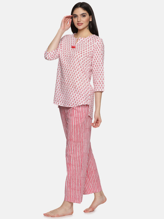 WHITE AND PINK BLOCK PRINT LOUNGE WEAR