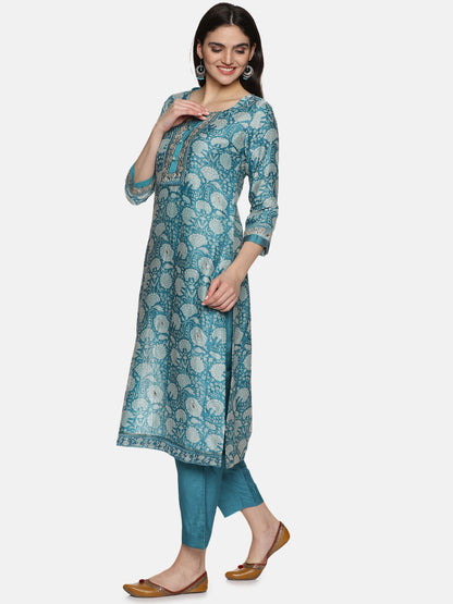 BLUE BLOCK PRINT KURTA SET IN CHANDERI