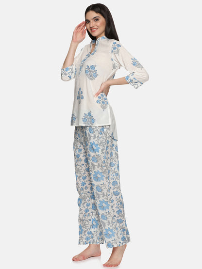 WHITE AND BLUE BLOCK PRINT LOUNGE WEAR