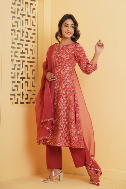 MAROON HAND BLOCK PRINTED KURTA SET