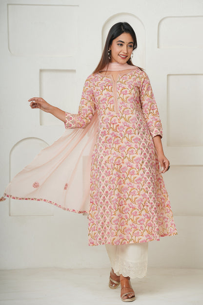 PEACH HAND BLOCK PRINTED KURTA SET