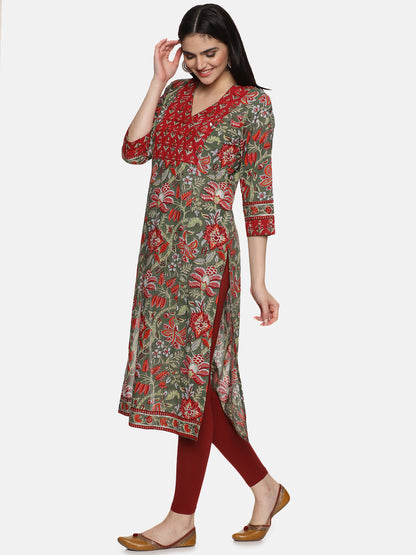 GREEN AND RED BLOCK PRINT KURTA