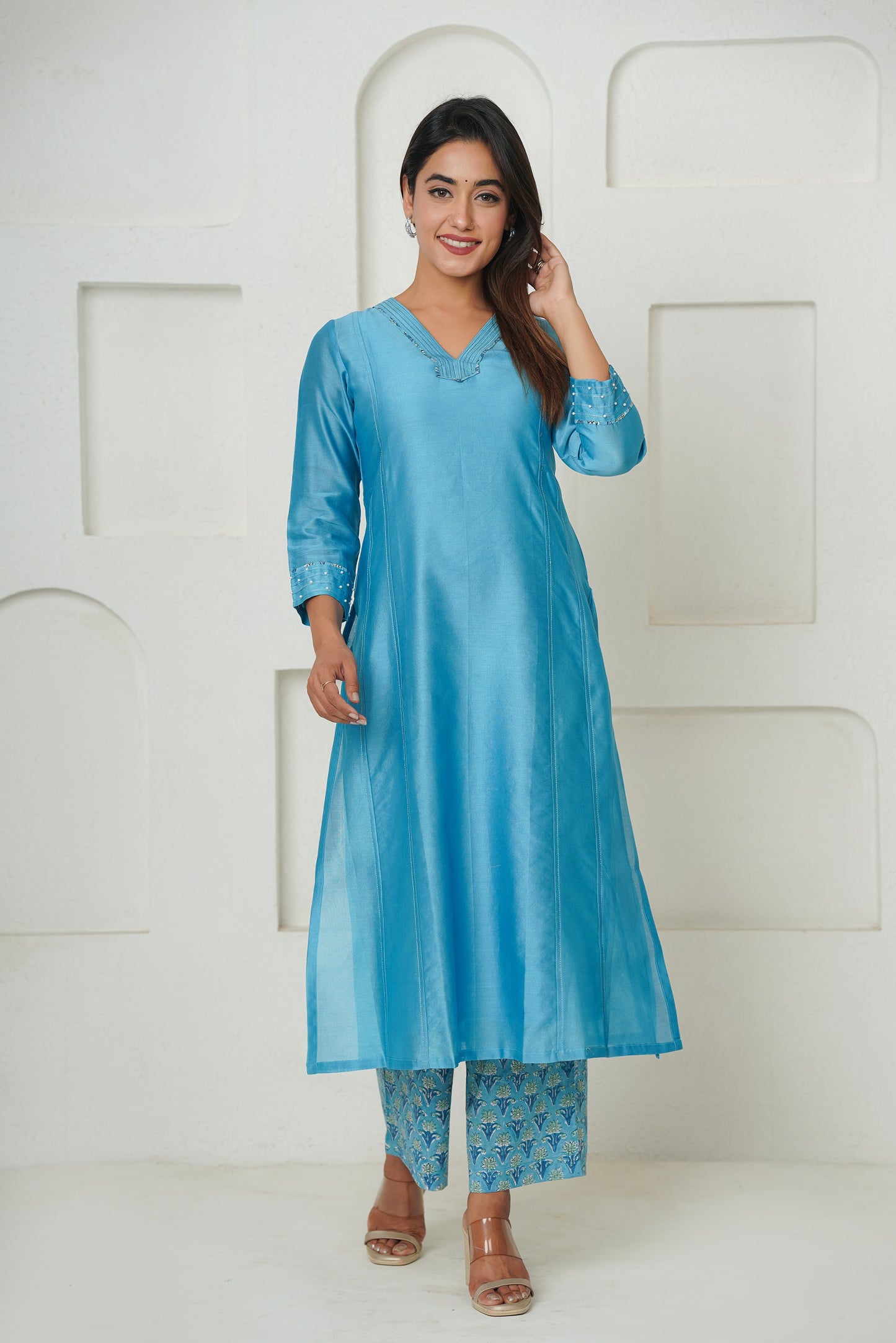 BLUE PURE CHANDERI PRINCESS LINE KURTA SET