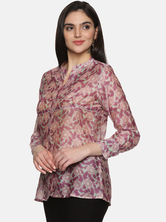 PURPLE FLORAL BLOCK PRINT SHIRT IN CHANDERI