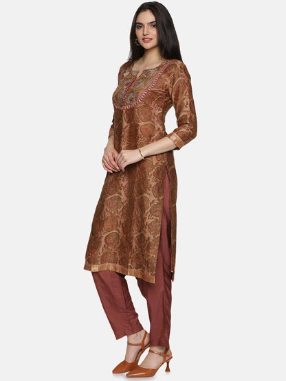 BROWN AJRAK BLOCK PRINT KURTA SET IN CHANDERI