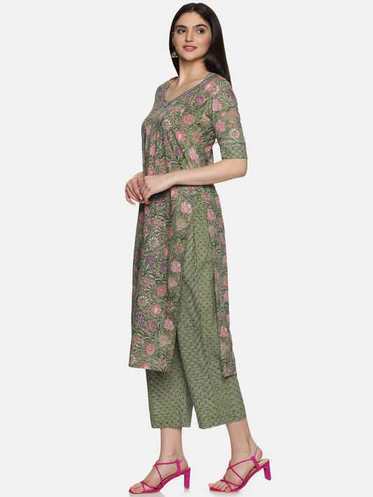 GREEN BLOCK PRINT KURTA PLAZZO SET