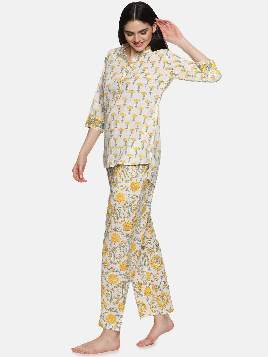 WHITE AND YELLOW BLOCK PRINT LOUNGE WEAR