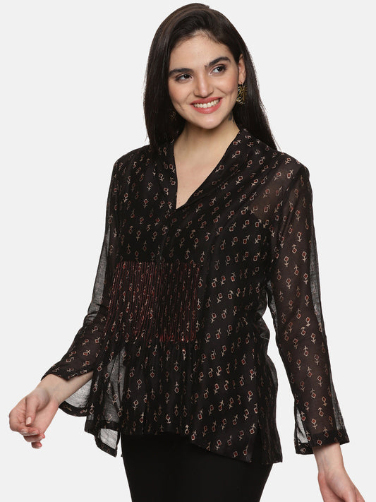 BLACK FORMAL BLOCK PRINT SHIRT IN CHANDERI
