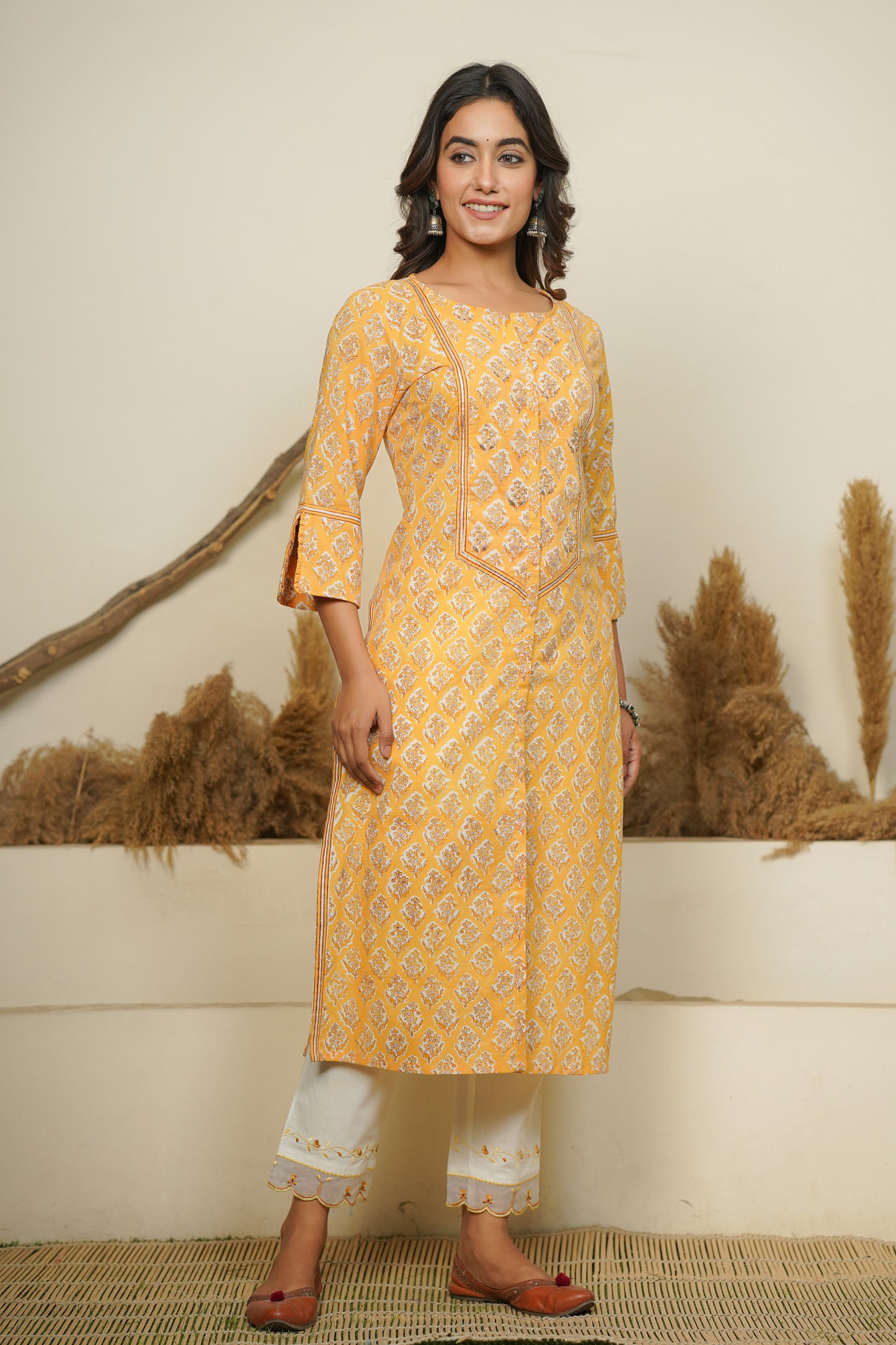 YELLOW HAND BLOCK PRINTED STRAIGHT KURTA