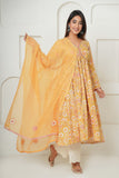 YELLOW FLORAL BLOCK PRINT GATHER ANARKALI KURTA SET