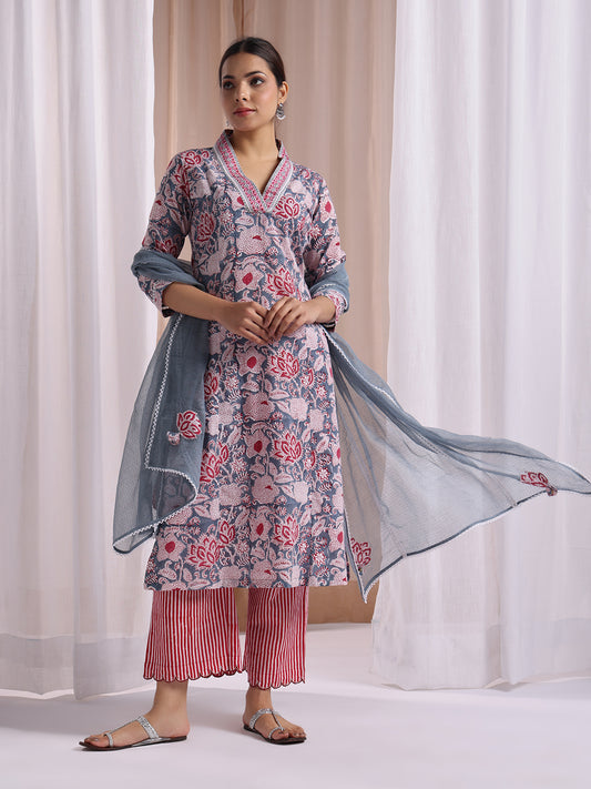 Blue-Red kurta set in block print with lining pants