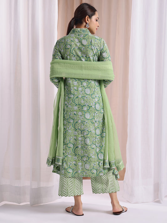 Sea green block print kurta set