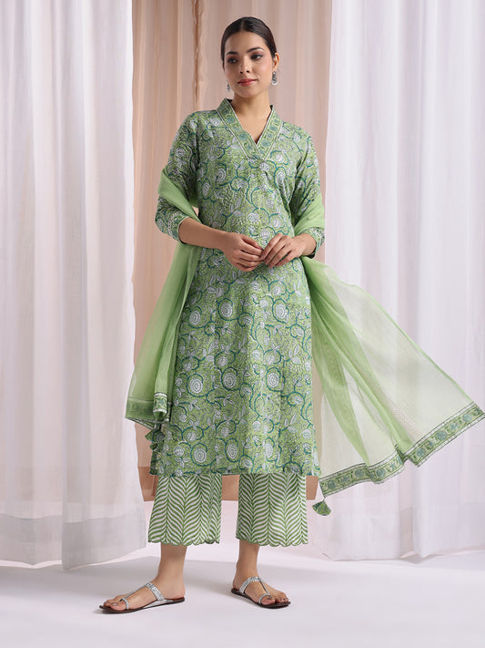 Sea green block print kurta set