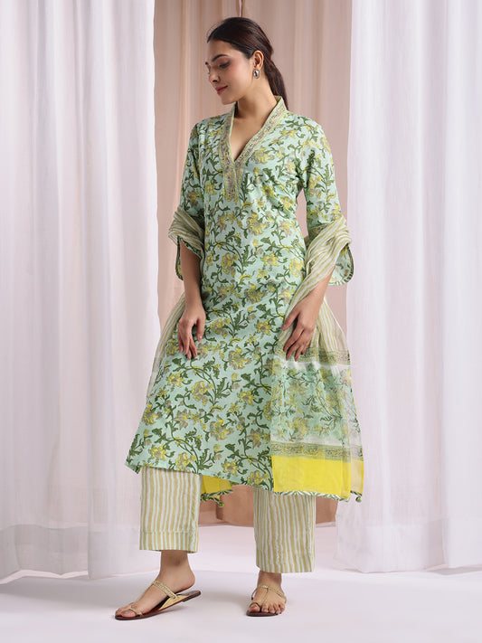 Sea Green block print kurta set with chiffon dupttaa