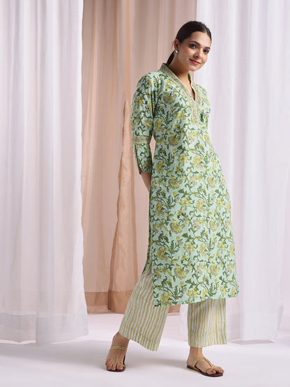 Sea Green block print kurta set with chiffon dupttaa