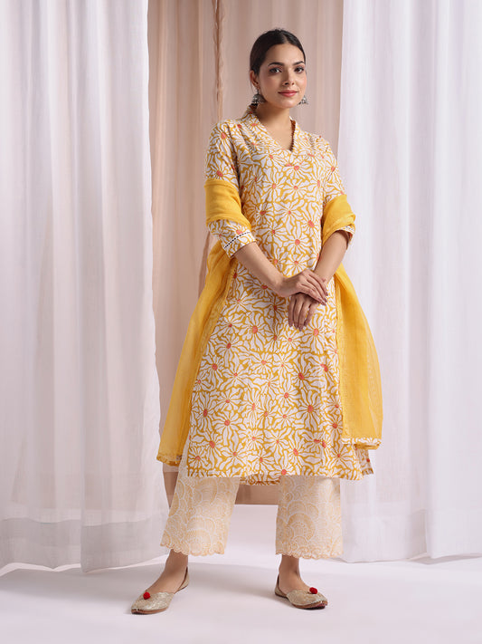 Yellow-White block print kurta set