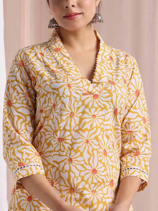 Yellow-White block print kurta set