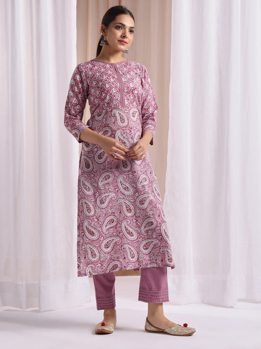 Purple Hand block printed kurta with plain pant and kota doriya dupatta