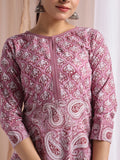 Purple Hand block printed kurta with plain pant and kota doriya dupatta