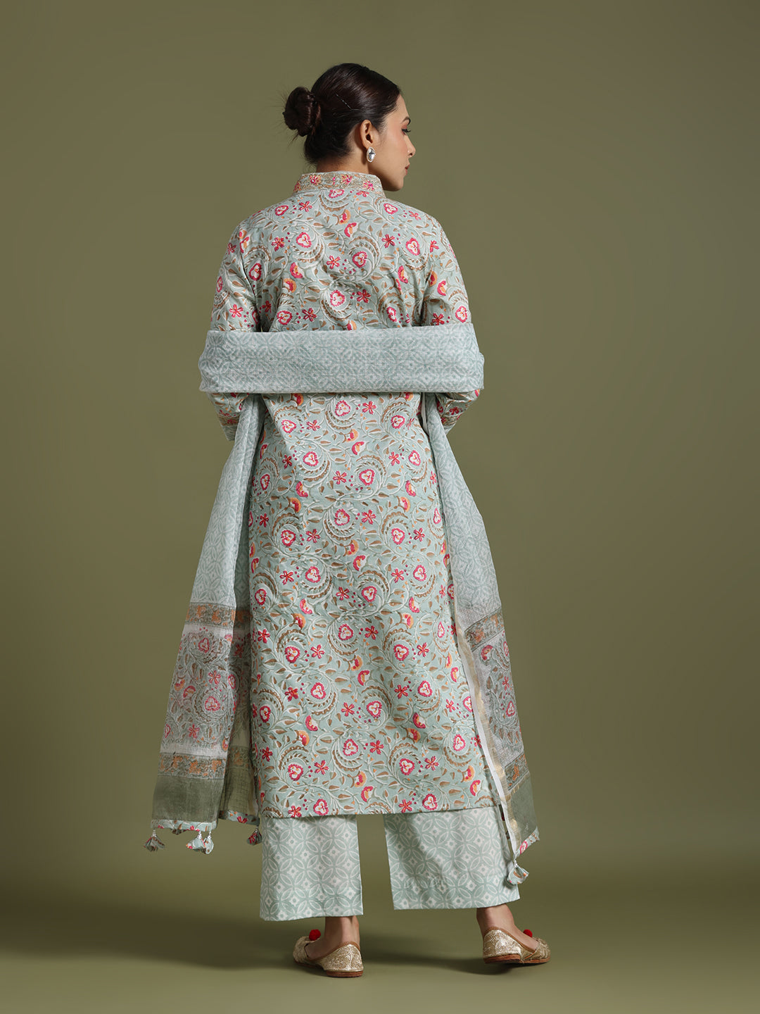 Grey-Pink floral block print kurta set