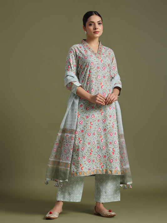 Grey-Pink floral block print kurta set