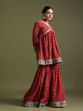 Red block print sharara set