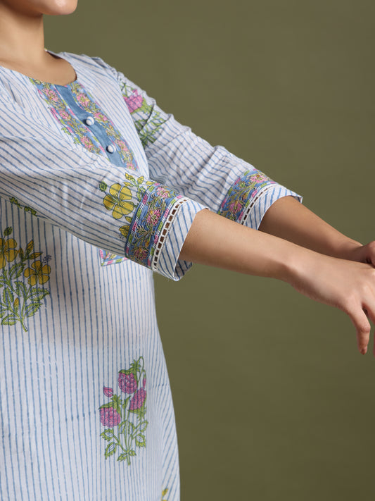 White-Blue boota print suit  with Kota doriya duptta