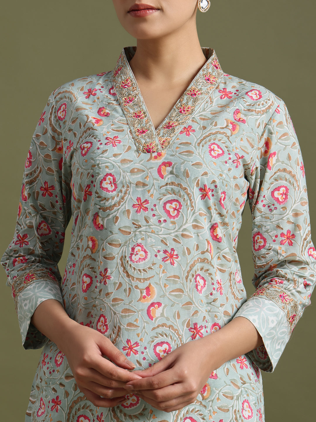 Grey-Pink floral block print kurta set