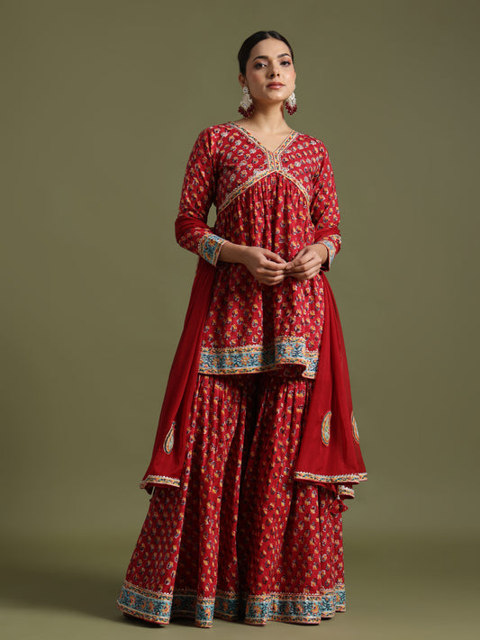 Red block print sharara set