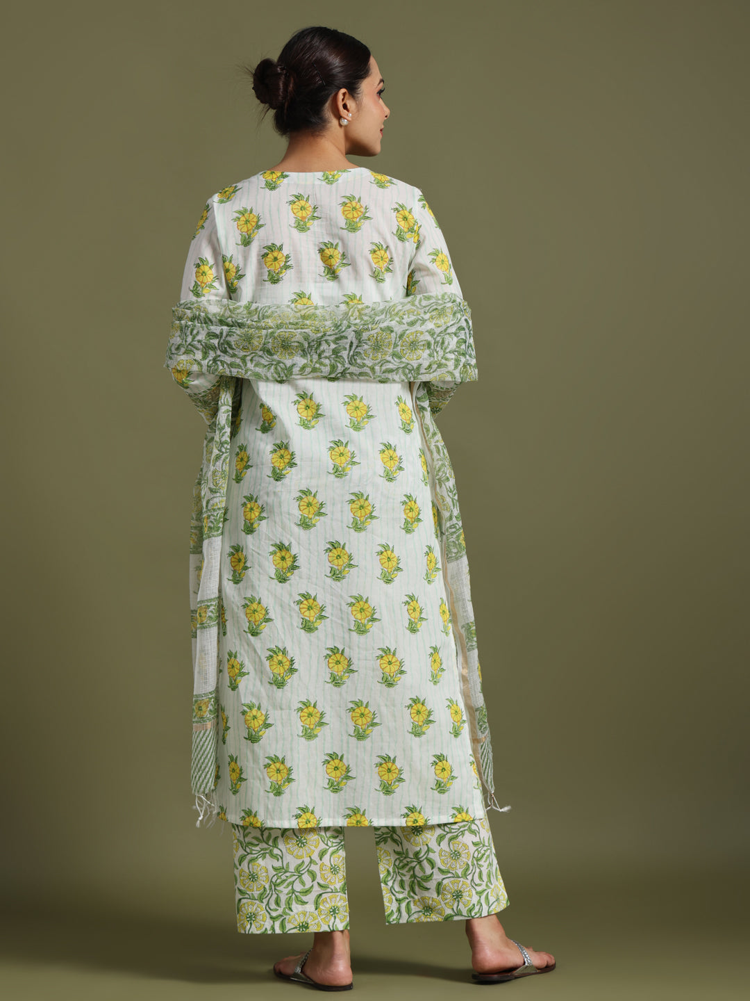 Yellow- green motif block print kurta