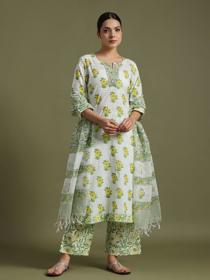 Yellow- green motif block print kurta