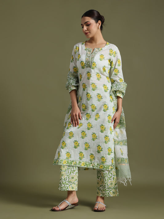 Yellow- green motif block print kurta