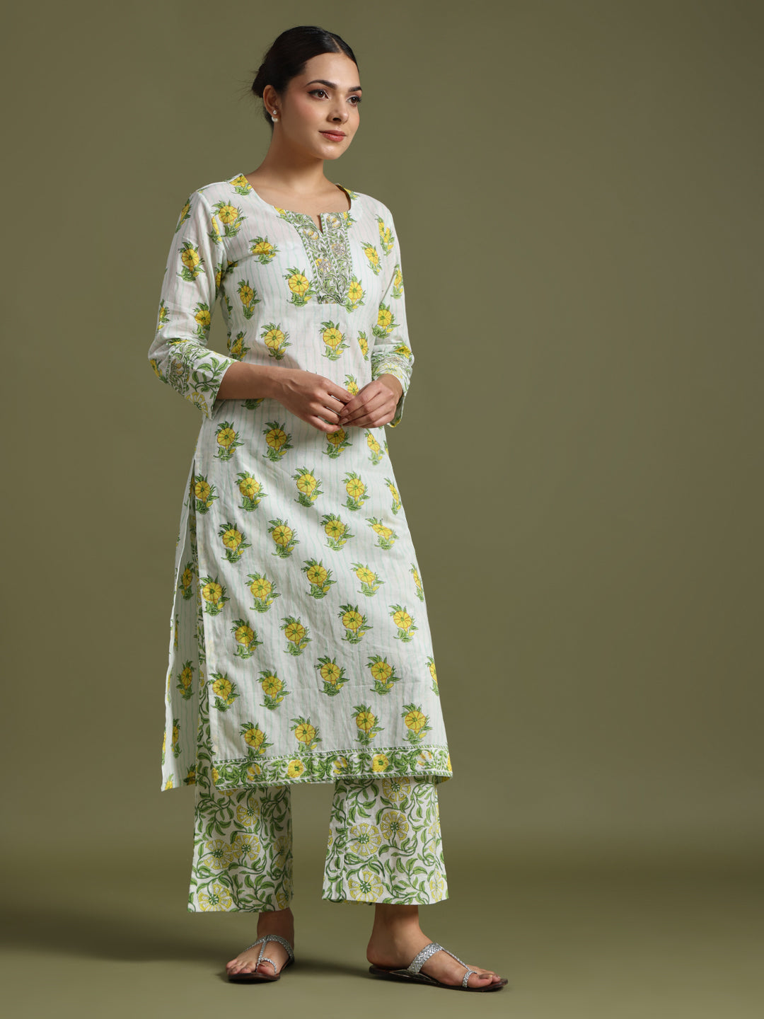 Yellow- green motif block print kurta