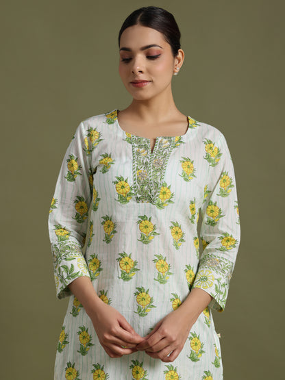 Yellow- green motif block print kurta