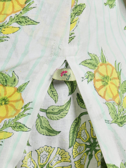 Yellow- green motif block print kurta