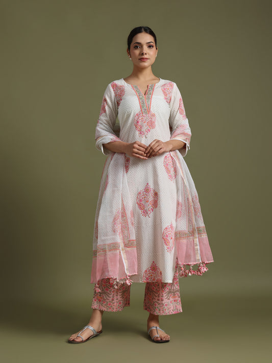 White- Pink boota print suit with kota doriya dupatta