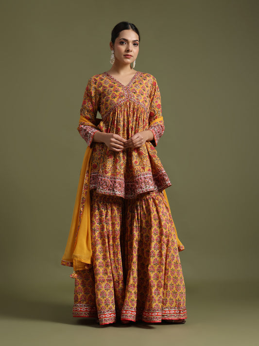 Yellow block print sharara set