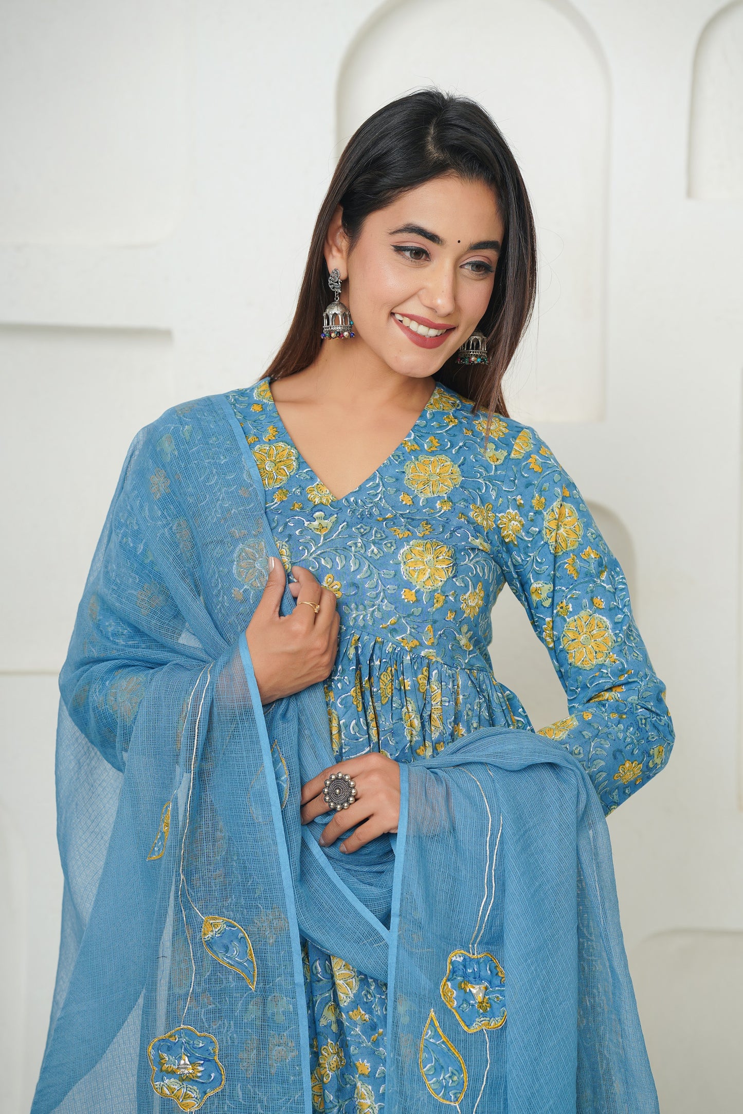 BLUE FLORAL BLOCK PRINT GATHER ANARKALI KURTA SET