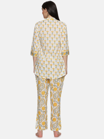 WHITE AND YELLOW BLOCK PRINT LOUNGE WEAR