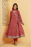 RED HANDBLOCK PRINTED FLORAL ANGRAKHA KURTA SET