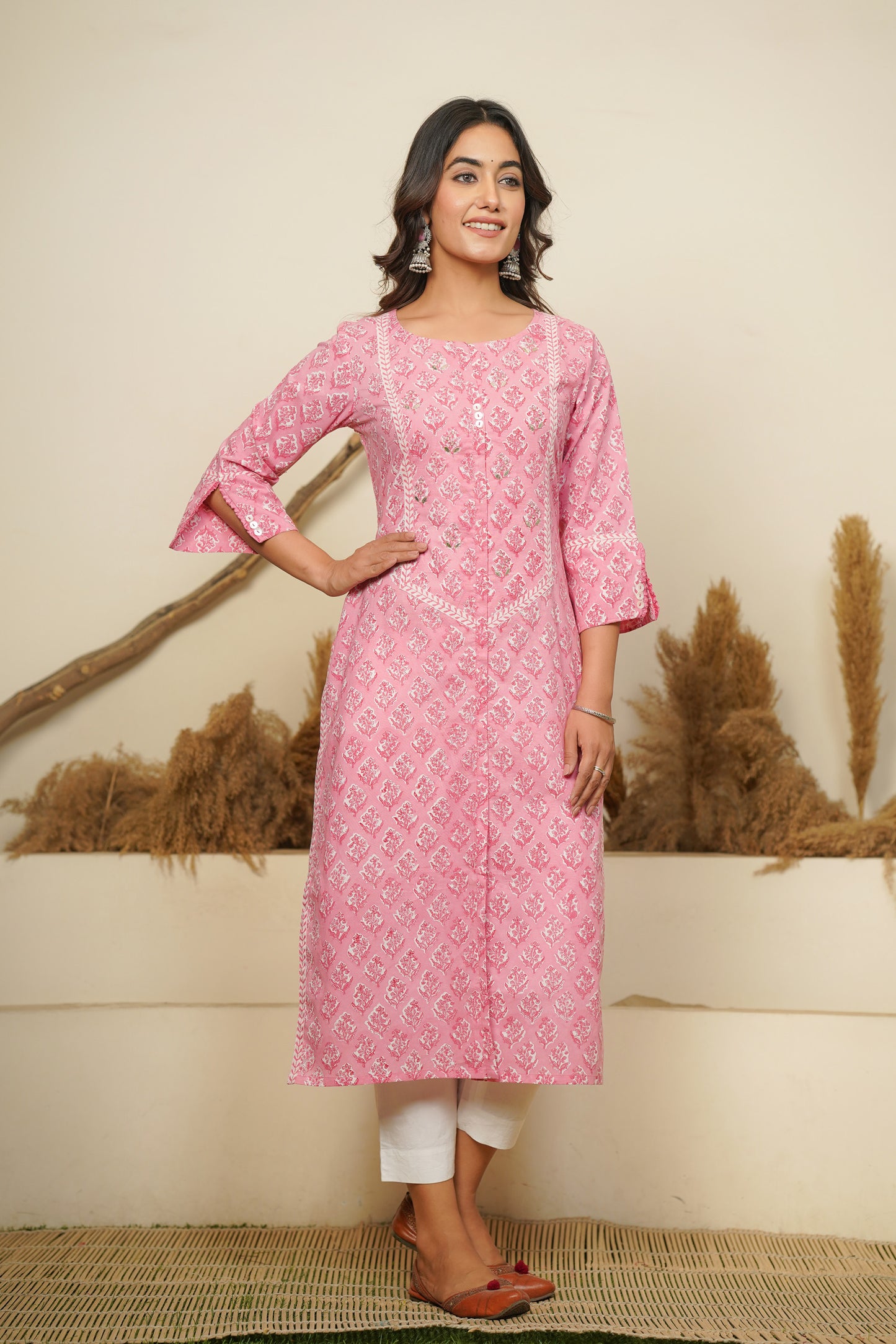 PINK HAND BLOCK PRINTED STRAIGHT KURTA