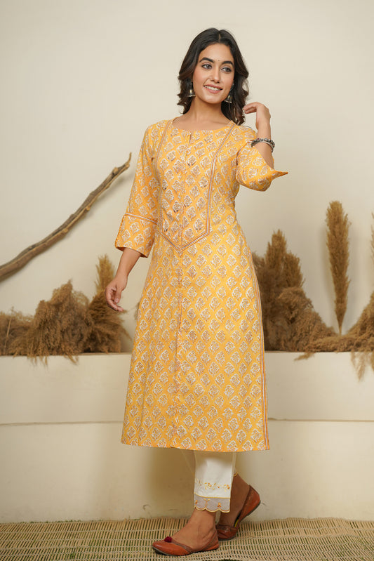 YELLOW HAND BLOCK PRINTED PRINCESS LINE KURTA
